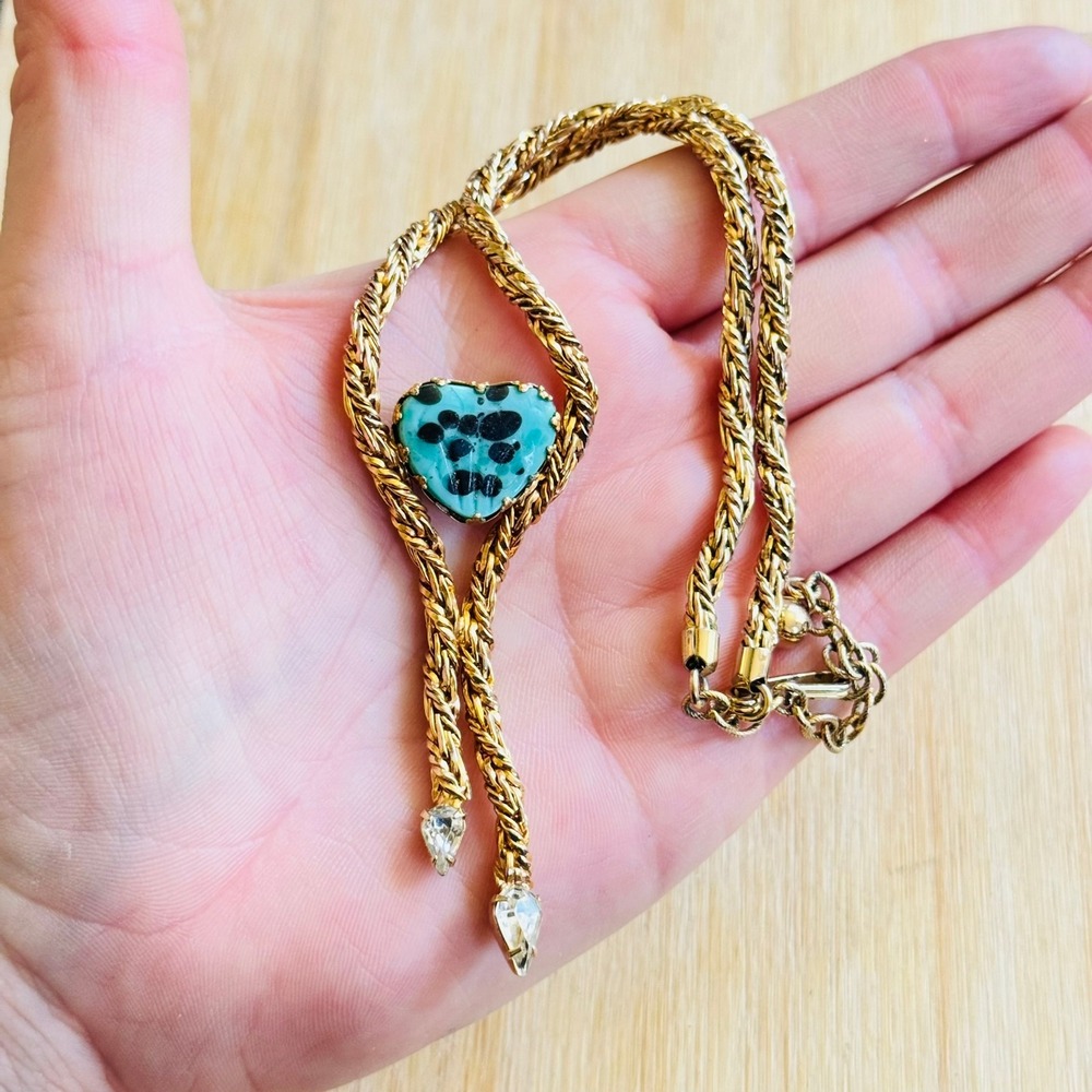 VTG Volupte Heart Necklace VTG Turquoise Glass Statement Rope Gold Whimsical 16"
